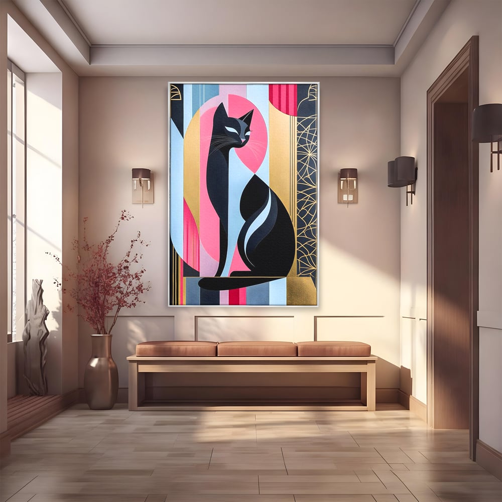 Tablou canvas cu tablou vertical cu silueta de pisica, in rama de aluminiu argintiu